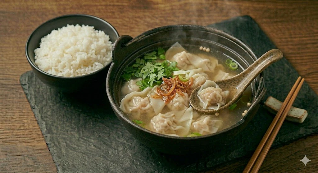 Wonton soup with rice at Centre Street Japanese HotPot in Calgary